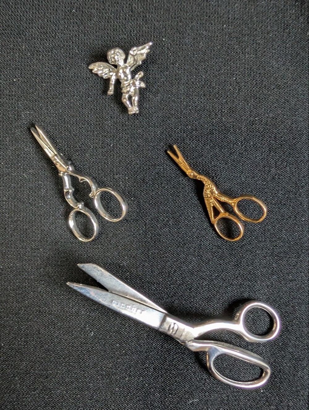Mini Sewing Scissors Pin Brooches Sterling Silver Germany And Angel Pin Set.